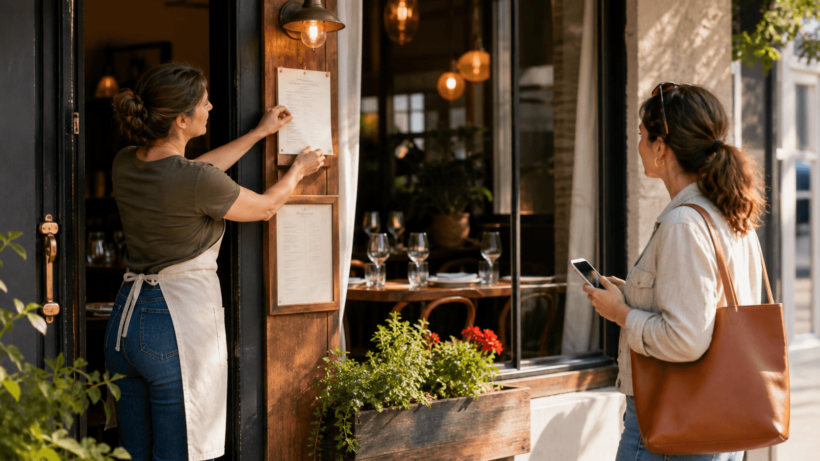 A restaurant owner updates information beside the entrance while a customer checks her phone