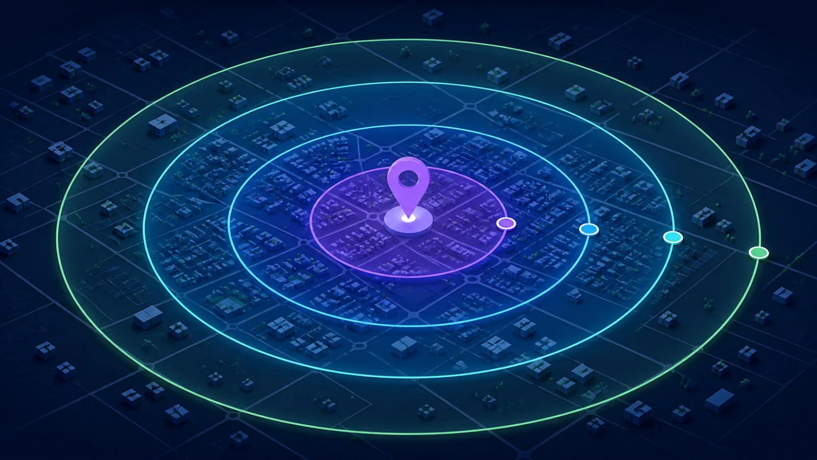 Anonymous city map with concentric rings showing local ranking distance from one location